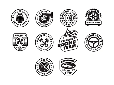 Automotive Badges Editable Templates (For Sale) badge black white custom design for sale gauge radar gear gearbox shift logo piston racing car auto speed fast race sticker symbol turbo kit shop typography wheel rims tires