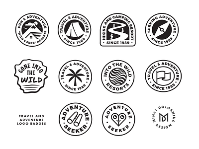 Travel & Adventure Editable Logo Badges (For Sale) adobe illustrator art graphic design badges badge design black and white brand identity branding compass digital print download for sale globe hiking illustration logo mark symbol icon road sticker traveling type typography text custom vector