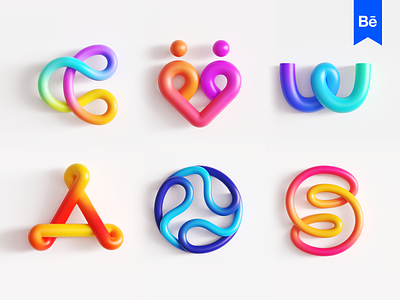 3D Eye Candy Logo Collection 2d 3d art object brand identity branding cinema4d couple dating together endless a nods for sale unused buy glossy shine shiny gradient modern letter c path overlap logo mark symbol icon render rendering s illusion tech technology w loop cycle wheel round rounded