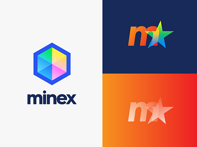 Minex Logo Design (Option 1-2) bitcoin blockchain chart cryptocurrency gradient hexagon letter m mining star stats triangle wordmark