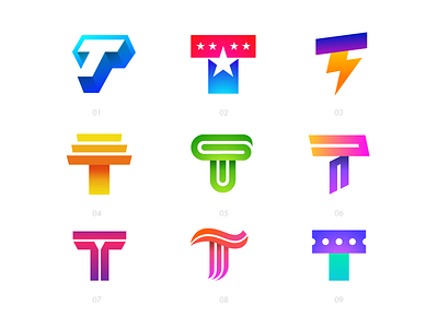 Letter T Exploration — All Concepts 3d volume isometric geometric app illustration daily brand identity branding graphic for sale unused buy gradient marketing social media logo mark symbol icon modern color mix energy sharp solid flow smooth stairs temple loop infinite star freedom usa america thunder lightning fast light ticket booking clean creative type typography text custom