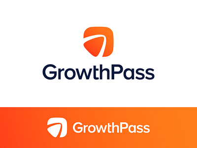 GrowthPass Logo Proposal Option 1 (Unused for Sale) achieve reach goal purpose arrow pointer negative space brand identity design branding event pass training workshop for sale unused buy grow scale big raise logo mark symbol icon niche audience marketplace people group chat self development personal coach speed movement fast square round friendly app type typography text custom