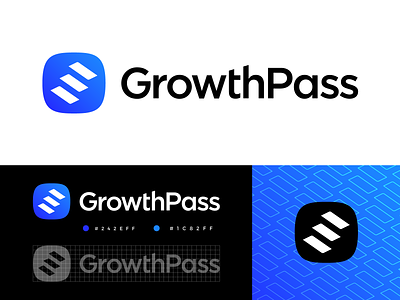 GrowthPass Approved Logo Design achieve reach goal purpose app ios android blue pattern black dark brand identity branding graphic logo mark symbol icon marketplace website social media negative space shadow light scale rise expand self development personal coach stairs grow growth type typography text custom