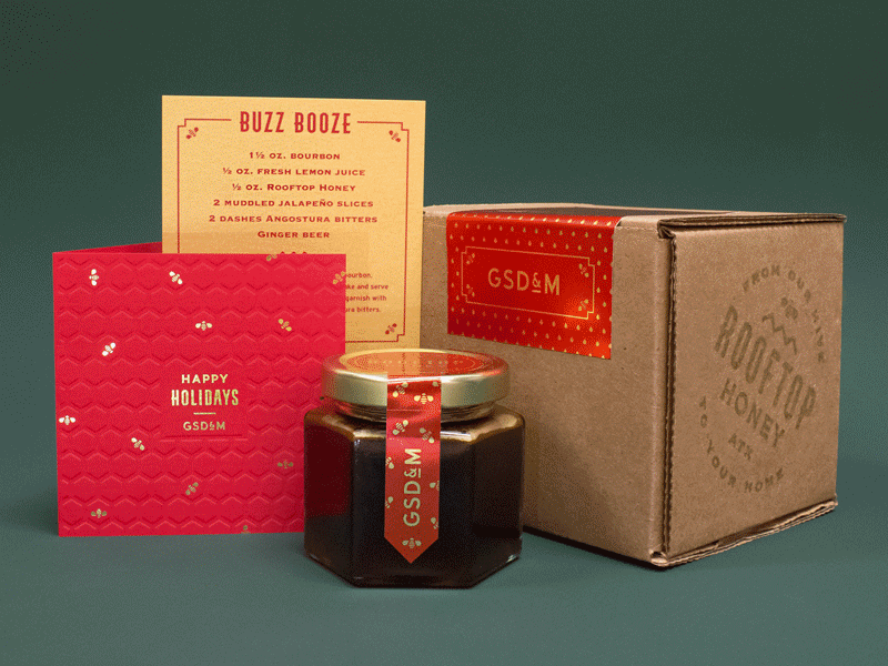 Rooftop Honey bee branding christmas emboss foil stamp holiday honey jar label logo packaging typography