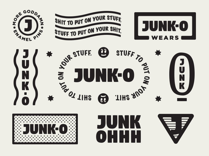 JUNK-O 90s branding enamel fire grunge halftone icon illustration logo pin smile typography