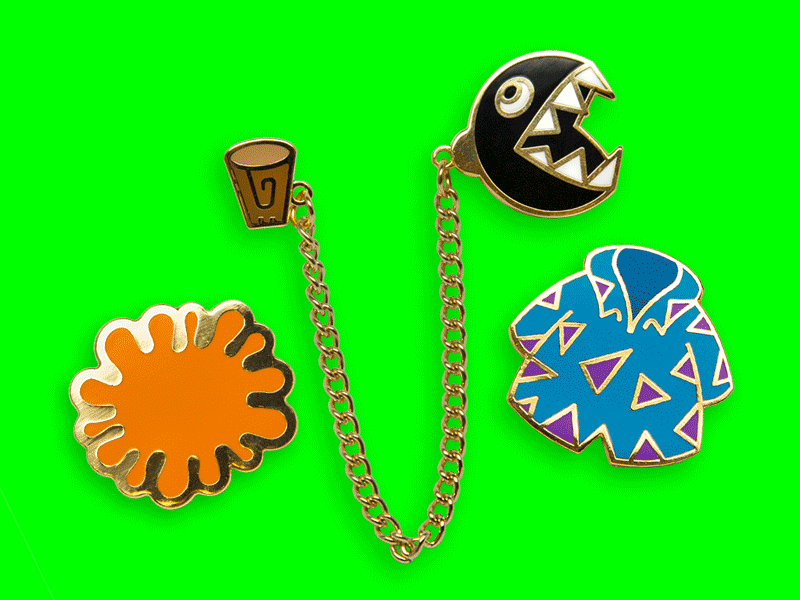 JUNK-O 90's kids pins 90s business card chain chomp enamel pin gold foil mario pins retro rockos modern life slime splat