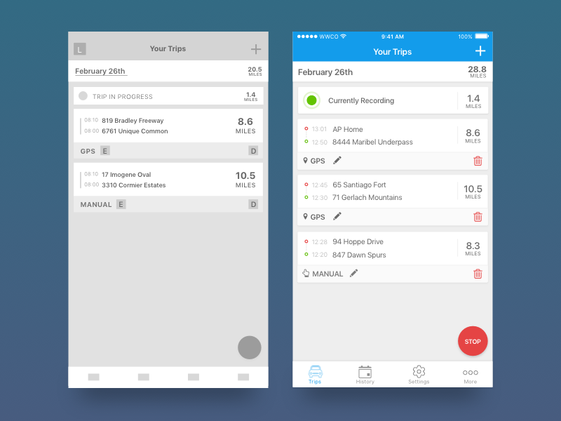 Trips List track location distance record cards sketch wireframe ui ux mobile app trips