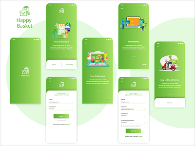 Happy Basket- Online Grocery Store Mock Up app design application art bigbutton branding design green grocery store icon illustration loginpage logo mockup onlinestore product design signup store ui ux vector