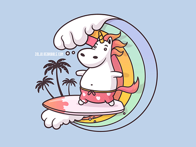 Surfing Unicorn beach cartoon fun illustration kawaii summer surf surfing unicorn vacations vector