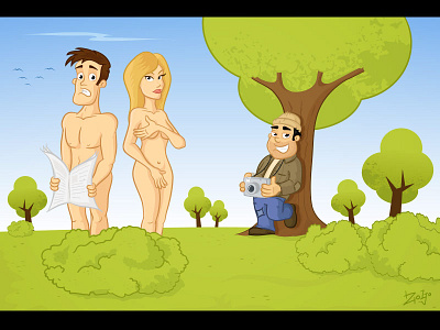 Exposed affair cartoon couple exposed funny illustration naked papparazzi photographer