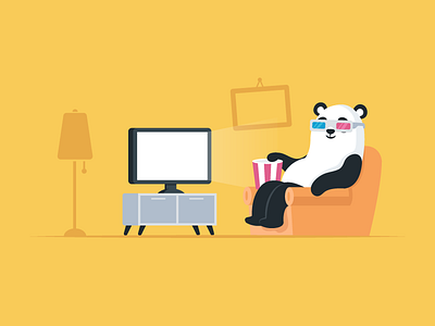 TV Panda bear cartoon flat funny illustration panda popcorn tv vector