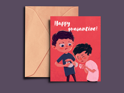 Happy quarantine boys brothers design illustration light postcard quarantine red