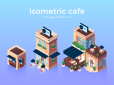 Isometric Cafe architecture cafe isometric mobil game vector illustration