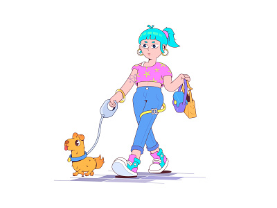walk cartoon character characterdesign design dog fashion female character flat girl illustration street tattoo vector walk