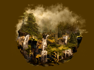 Mist on the Floating Garden floating landscape mist nature photocomposition photoshop rocks trees waterfall