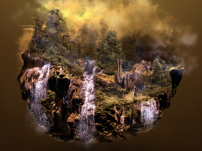 Final Floating Garden action circle floating forest landscape mist nature photocomposition rock trees waterfall