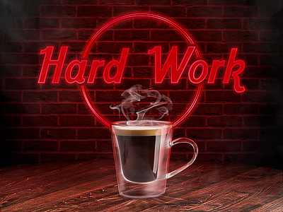Hard work cafe coffee lights neon photo manipulation photocomposition retouching table wood
