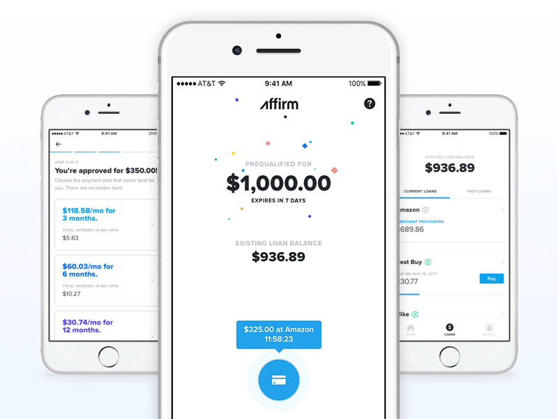 Affirm App New UX animation app card credit card finance loan money shop tooltip