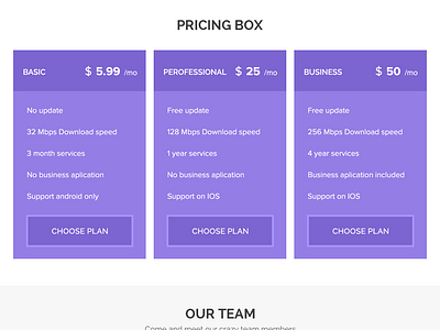 Pricing Boxes of Landing page