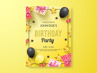 Happy birthday invitation card poster design 3d anniversary balloons birthday birthday invitation card flyer gift box happy happy birthday invitation poster realism realistic stars vector yellow