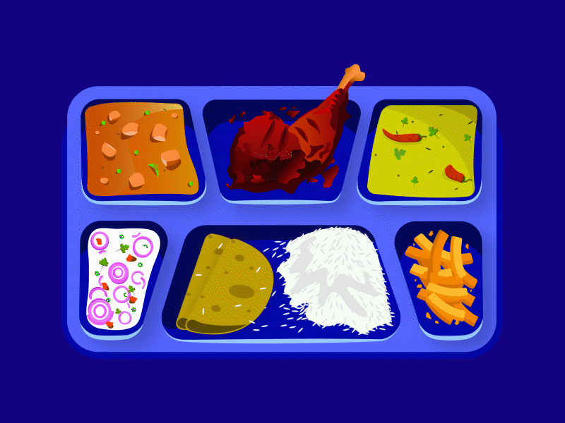Food Tray animation app app design chips concept app dal design food illustration interaction design paneer raita rice roti tandoori tap ui ux vector visual design