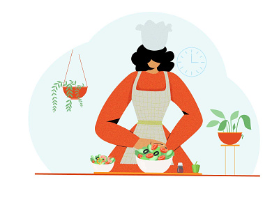 The Chef app illustration art charachter design flat flat illustration food food illustration girl cooking girl illustration girl vector illustration art orange illustration salad illustration ui web illustration
