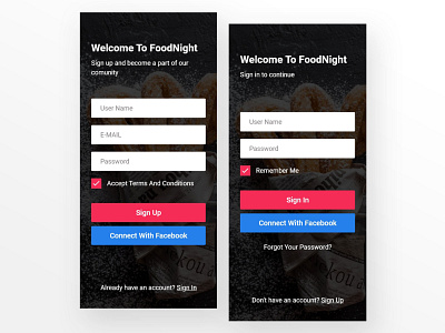 Foodnight restaurant app signin and signup page app interface app login page food delivary app login login page register register page sign in sign in form sign in screen sign in ui sign up signin signup
