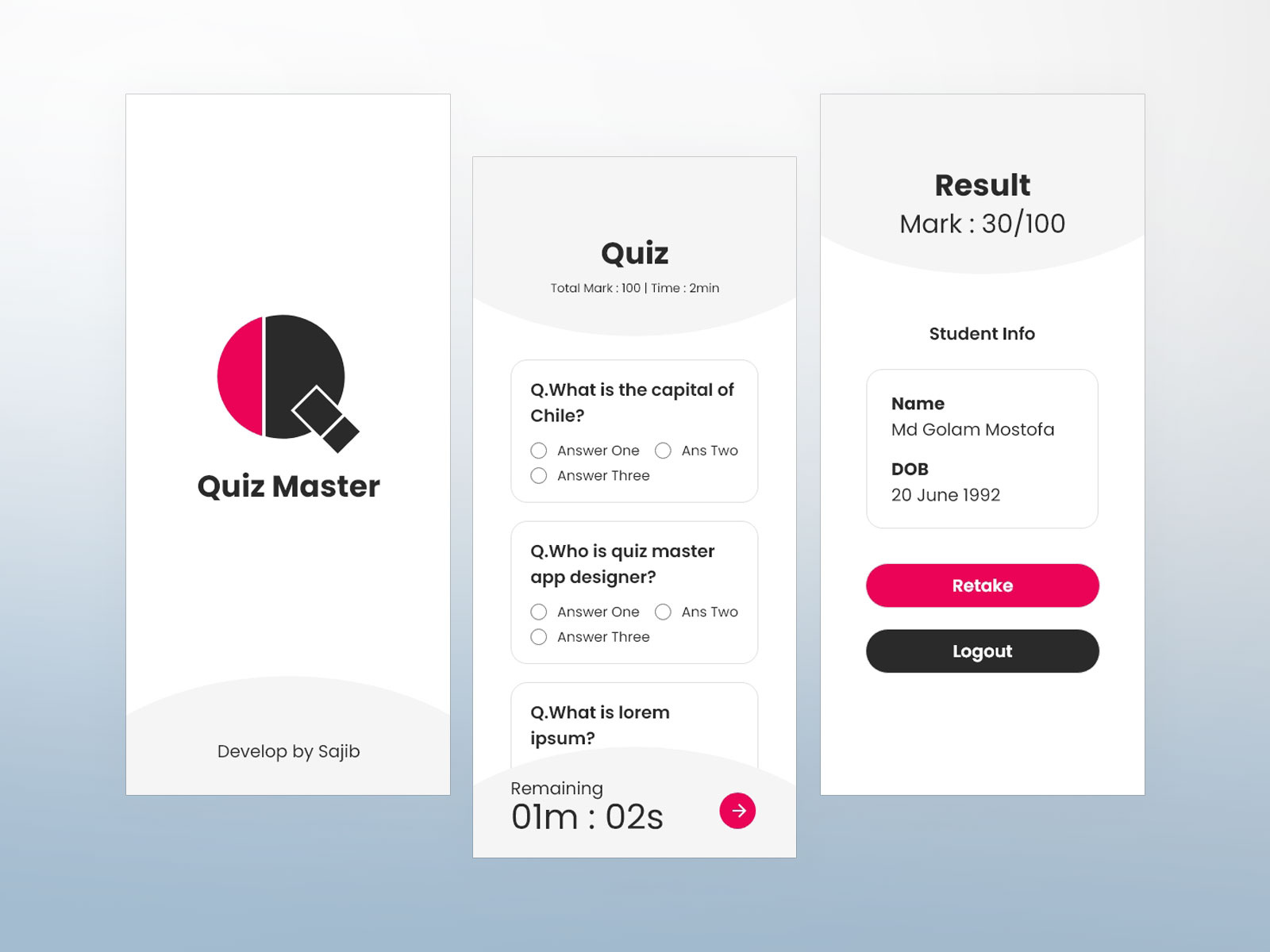 Quiz App User interface design by Md Sajib Hossain on Dribbble image.