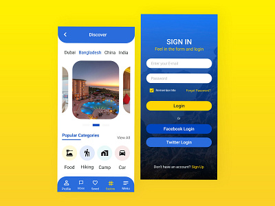 Travel app Signin and discover screen