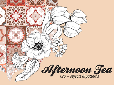 Afternoon Tea Floral&Tile Vector Set clipart creative market digital painting elegant floral illustration pattern set tiles vector