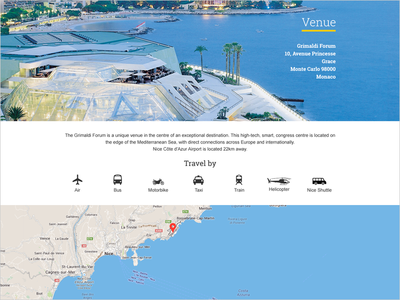 Small travel guide for an event clean conference event flat map monaco ui ux web website
