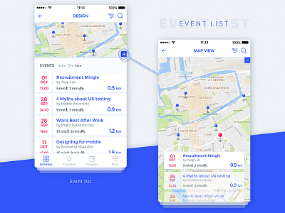 Event list screen with expanded map view cards design event filter kulimalmö list malmö map redesign sweden ui