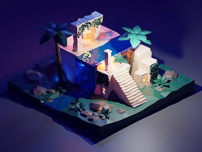 Polygon Runway: Ancient Ruins 3d ancient blender design glow illustration isometric light lighting low poly lowpoly modeling night palm polygon polygon runway render ruins runway tree