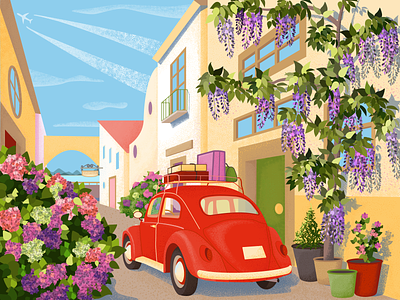 Somewhere only we know car courtyard illustration street vacation vector