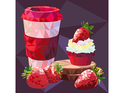 All your dreams are made of strawberry lemonade coffee cupcake illustration low poly lowpoly still life strawberry vector