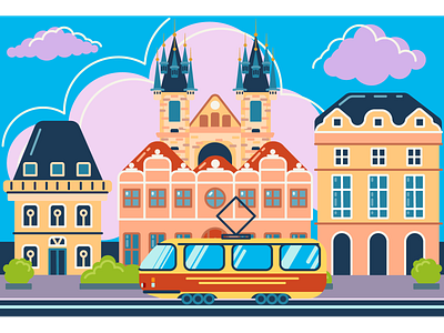 Little candy Prague cityscape illustration old city prague square tram vector