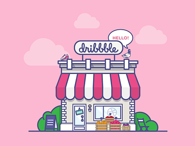 Hello Dribbble colorful dribbble first shot grocery hello illustration pink player shop vector