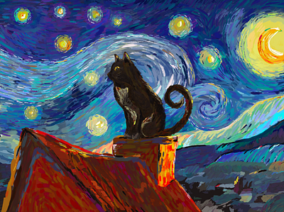 Starry Cat art artist artwork blue colorful design graphic illustration illustrator procreate starrynight vangogh