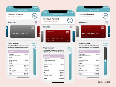 Credit Card Checkout with Slide checkout credit cards daily ui 002 dailyui food app ice cream minimal mobile ui ux vector