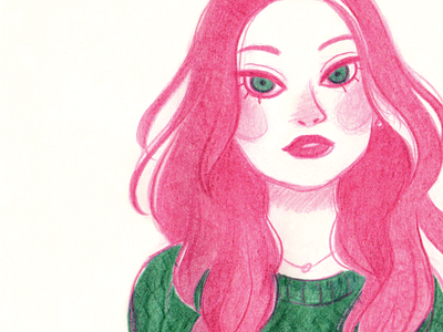 Pink and green character illustration pink traditional art