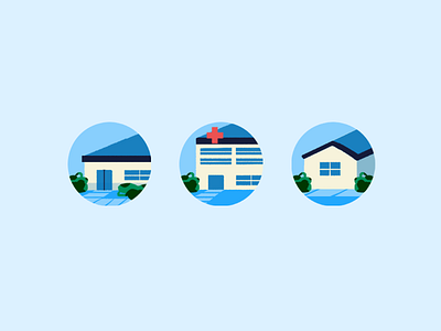 School, Hospital & House icon blue digital painting graphic design icon location