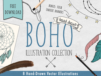Boho Illustration Collection banner bohemian crystal dreamcatcher feather free hand drawn illustration star vector