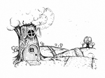 Treehouse Illustration childrens book illustration drawing fantasy hobbit ink illustration pen and ink