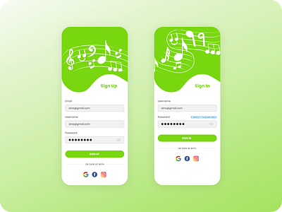 Sign up & Sign In compose songs design green illustration mobile music sign in sign up ui
