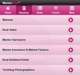 Marineblast Android App UI - Directory Listings android black design grey pink ui