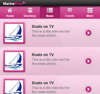 Marineblast Android App UI - News Listings android black design frame grey image pink ui