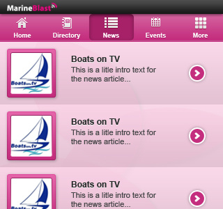 Marineblast Android App UI - News Listings V2 android black design frame grey image pink ui