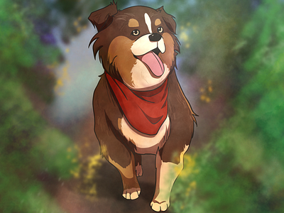 Fluffy dog in the forest animal cartoon cute dog doggie doggo drawing forest illustration pet scarf