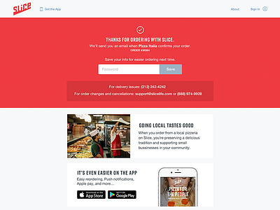 Slice Confirmation Page branding checkout confirmation ecommerce landing page pizza redesign responsive slice ux
