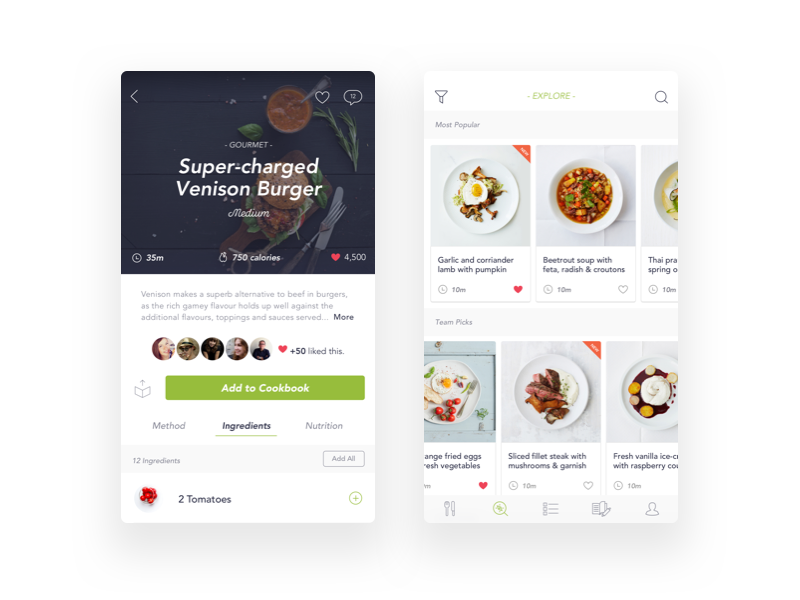 Voila Recipe App social ingredients food interface green white clean ui mobile app recipe